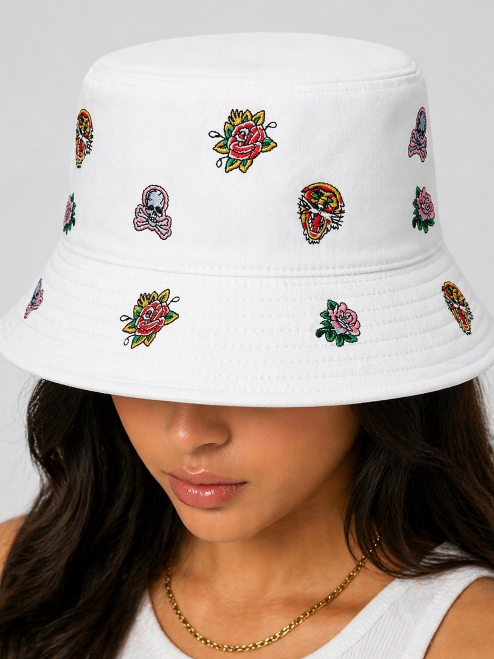 🆕️Ed Hardy White Bucket Hat Embroidered Skull Rose Y2K Streetwear OS